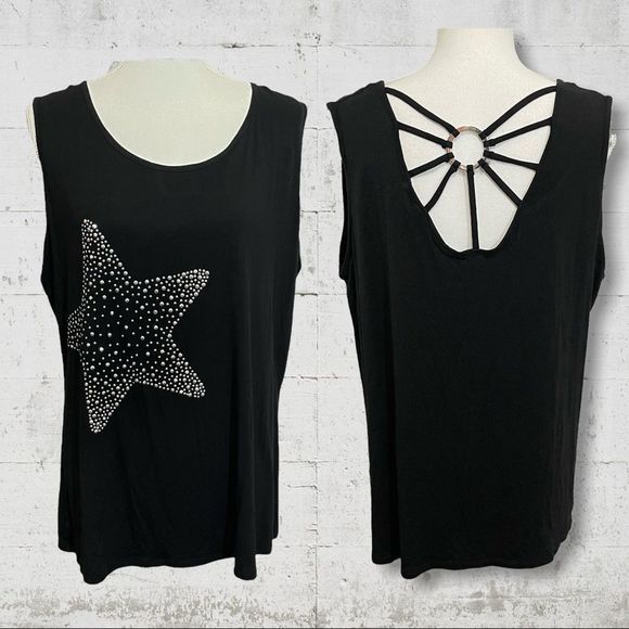 Avenue Black Sparkle Star Strappy Back Rayon/Spandex Tee Tank Top Sz 2X - Picture 1 of 8